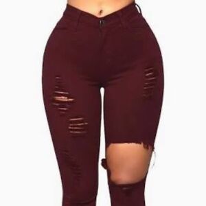 Fashion Nova Glistening Distressed Skinny Jeans – Burgundy (Size 7)
